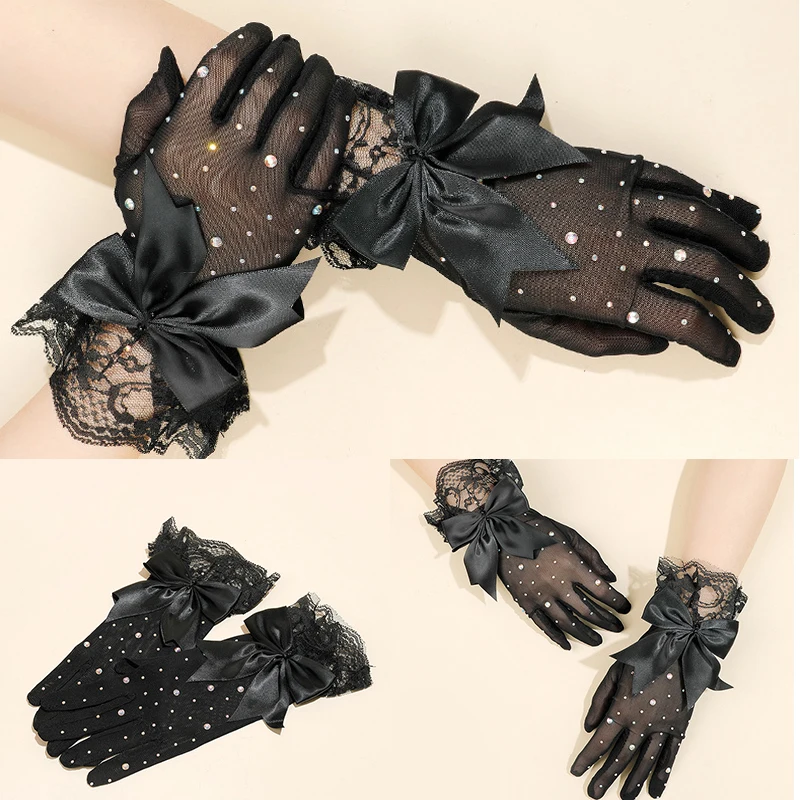 Gants en maille flash brillant sexy pour femme, dentelle fine à haute élasticité, grand nœud papillon, gants de protection solaire, cosplay de scène