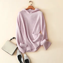 aliaga fashion women's pink hooded sweater soft autumn winter 100% cashmere sweater for ladies