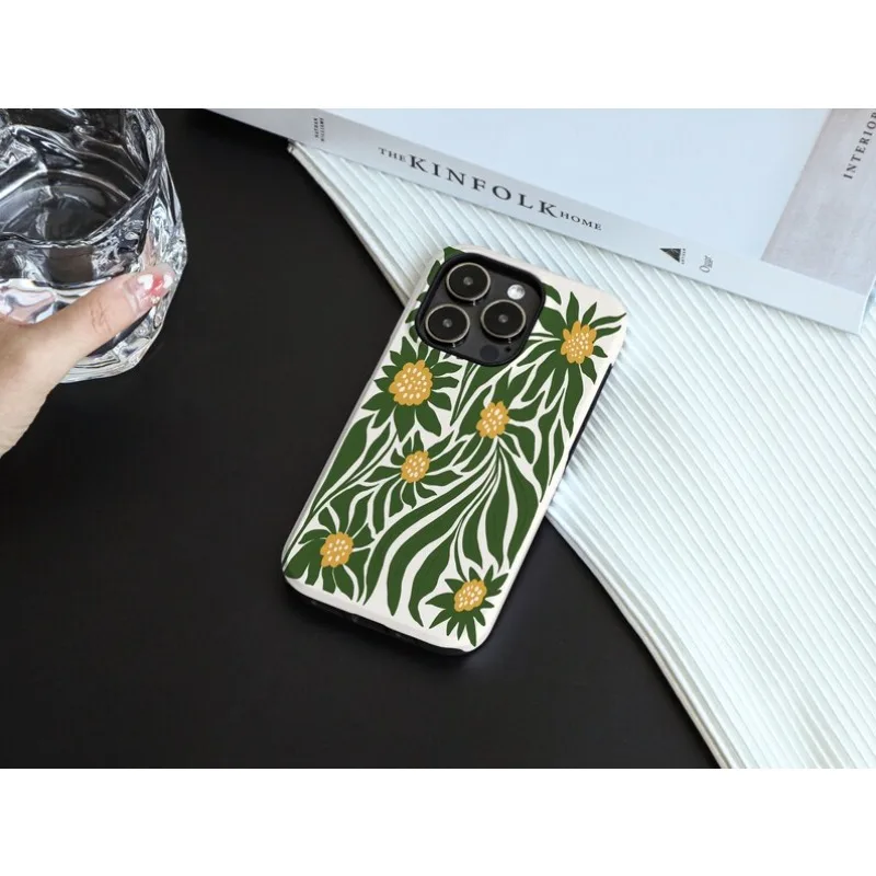 حافظة هاتف مغناطيسية لهاتف آيفون 17 16 15 14 13 12 11 16e Air PRO Plus مطبوعة عباد الشمس الخضراء غطاء مقاوم للصدمات من الأكريليك الصلب