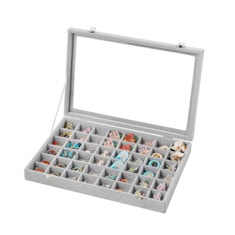 

Органайзер для украшений на 48 ячеек с регулируемыми отделениями для серег, стеклянной крышкой и бархатным выдвижным ящиком для колец и пусет, 13.8 x 9 дюймов