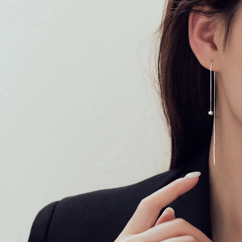 Real 925 Sterling Silver Bead Square Long Chain Tassel Drop Earrings For Women Classic Fine Jewelry Geometric Accessories