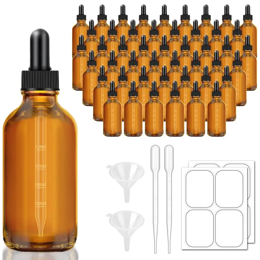 

Бутылки-капельницы из темного янтаря на 4 унции с мерной капельницей, 48 упаковок стеклянных бутылок-капельниц для эфирных масел с воронкой, этикетки a