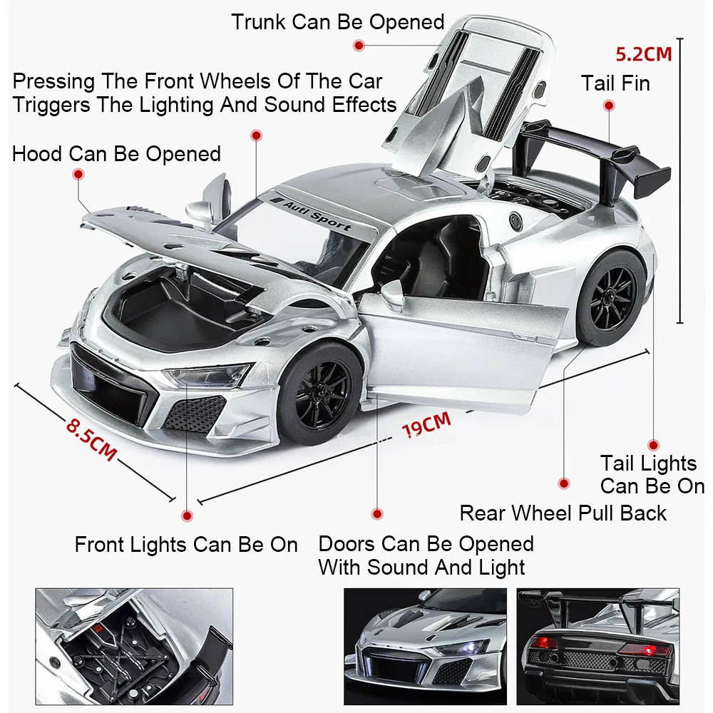 1:24 R8 LMS GT2 A8 Automodel Speelgoed Legering Diecast Trek Geluid Licht Deuren Geopend Voertuigen Modellen Miniatuur Collectie Geschenken