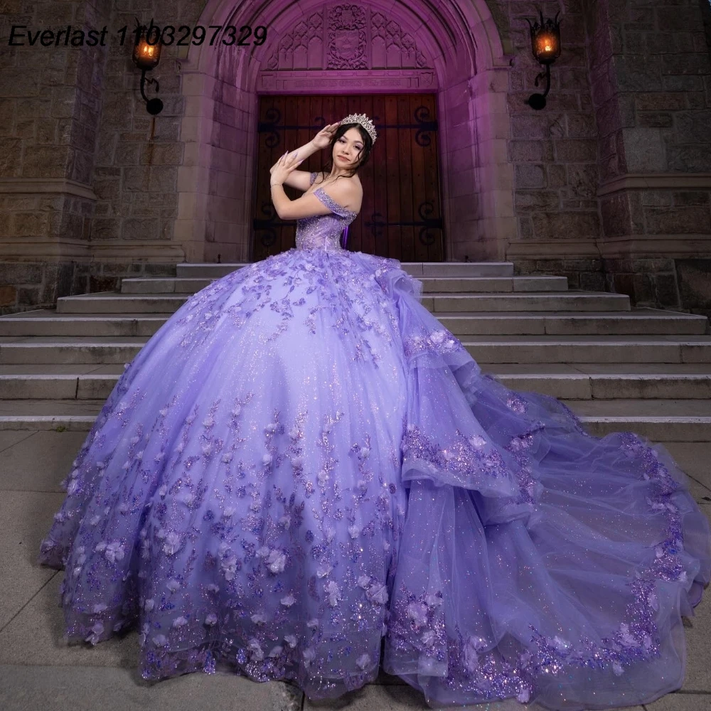 EVLAST Customized Purple Lilac Quinceanera Dress Ball Gown Floral Applique Beaded Crystal Sweet 16 Vestido De 15 Anos QD1142