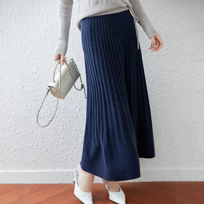 

100% Wool Women's Midi Skirt! Striped Hem + Elastic Waist, an Elegant Choice for All Skin Tones