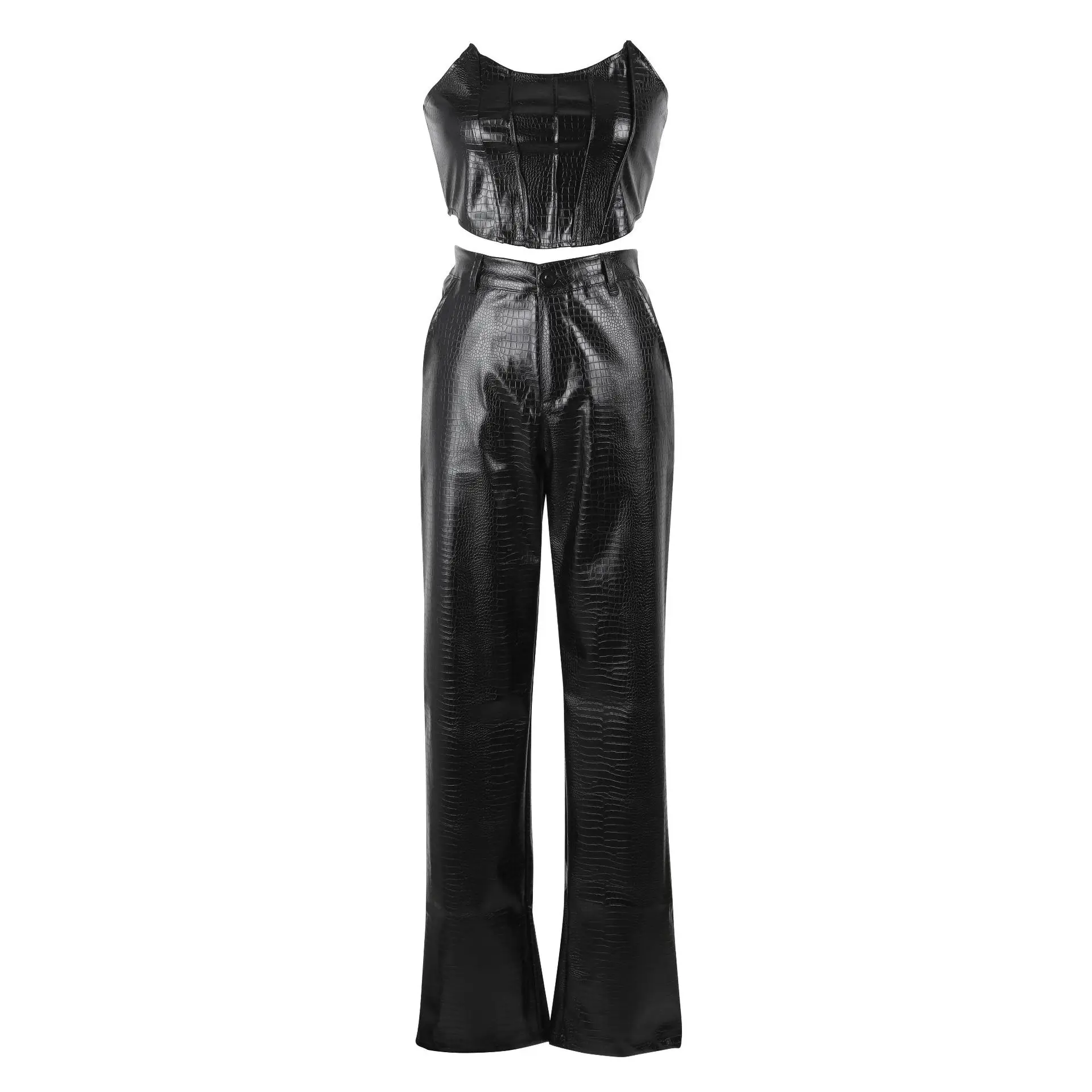 EINY Traf Elegant Faux Leather PU Women Set Tunic Tank Tops Safari Pants Suit Sweatsuit Tracksuit Two Piece Set Fitness Outfits