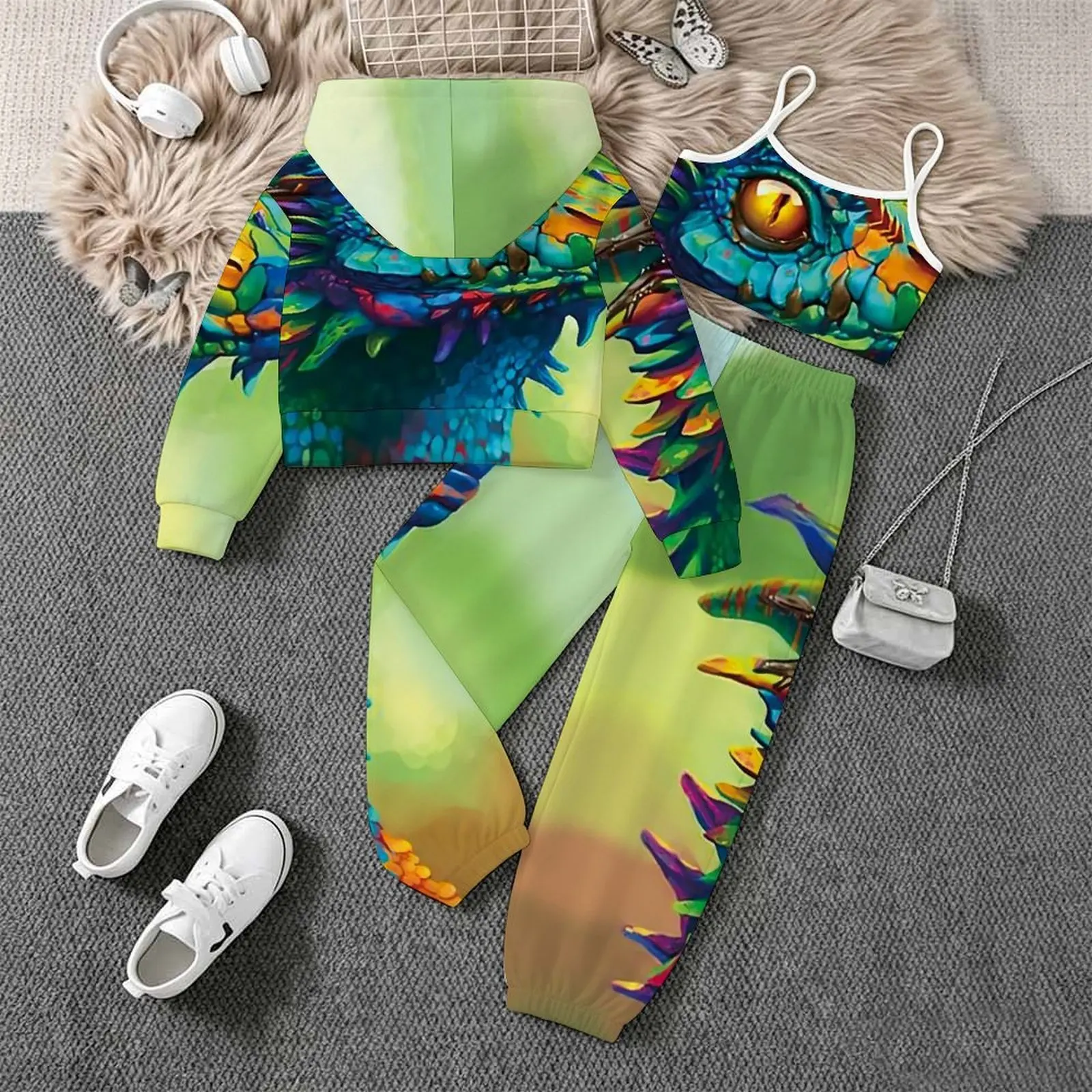3pcs Children's Tops Fashion Vest Print Trousers Autumn Coats Winter Jogging Pants Girls Daily Wear Retro Three-Piece Set