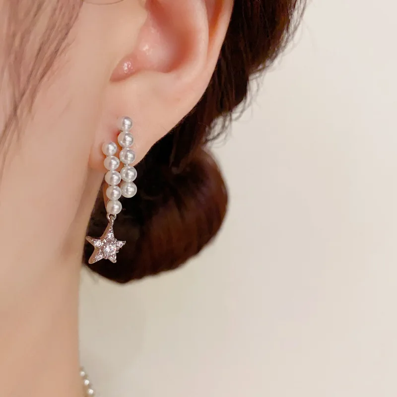 Rose Story Stud Earrings Temperament Fashion Pentagram Pearl Earrings