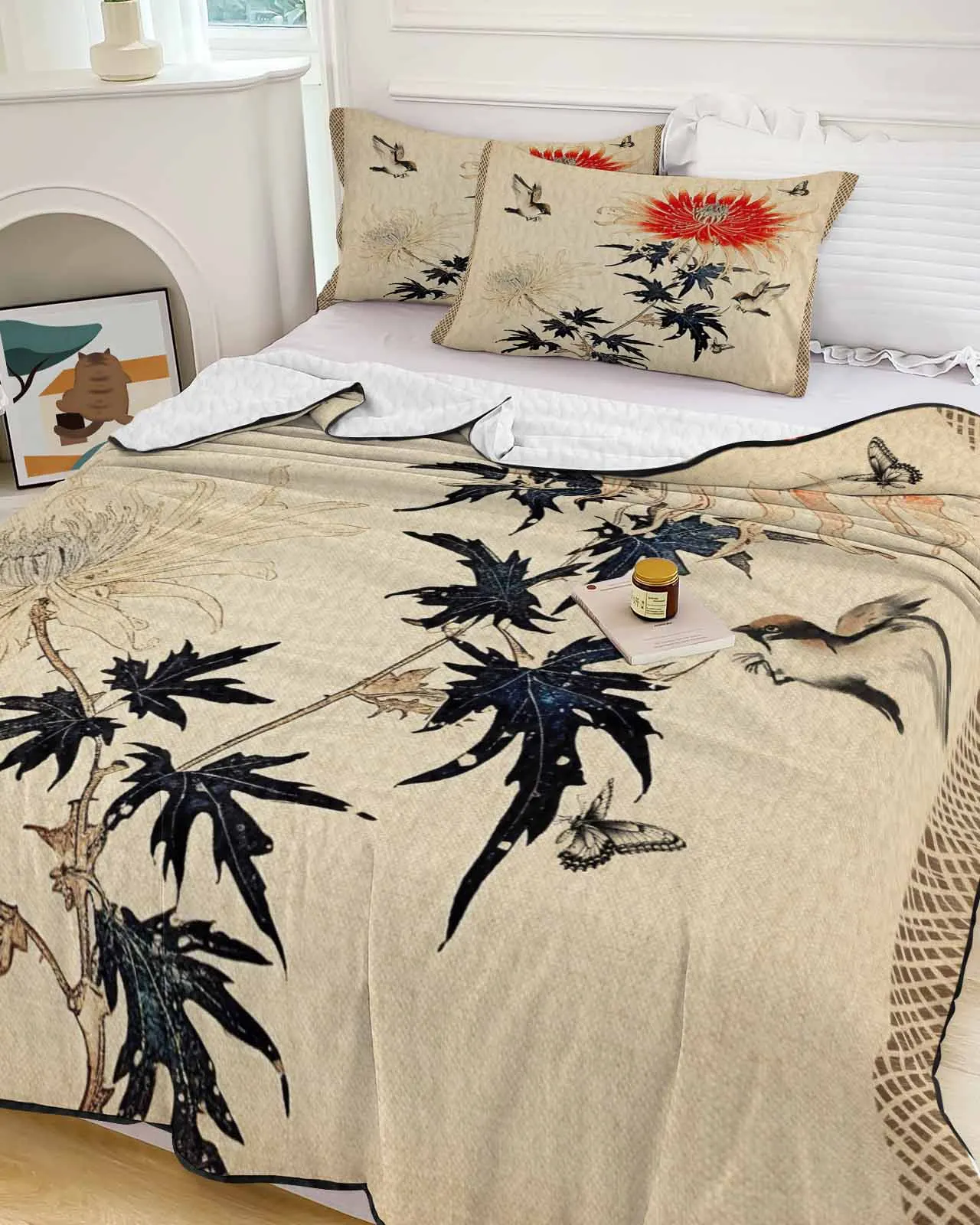 Flower Chrysanthemum Bird Butterfly Retro Cooling Blankets Air Condition Comforter Lightweight Summer Quilt for Bed Thin Quilt