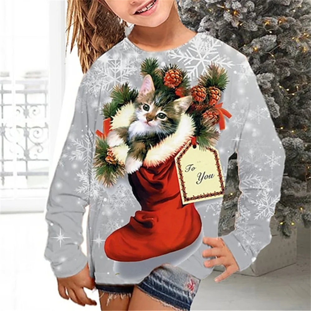 Kids Clothes Girl T-Shirt Long Sleeve Christmas 3D Cat Print Children Spring Fall Clothes Casual Round Neck Girl Clothes Tops