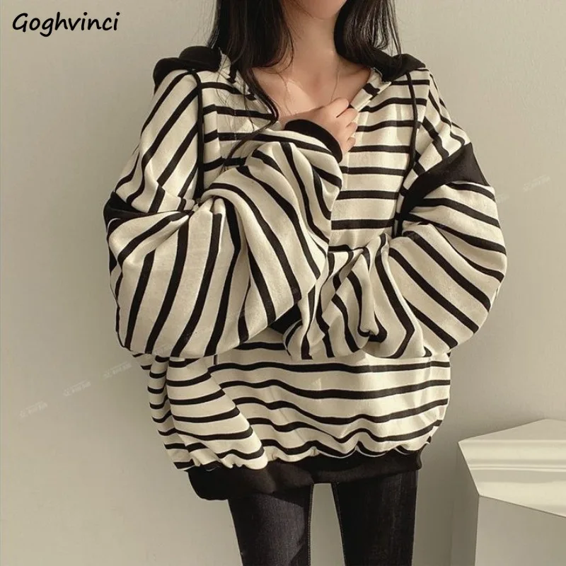 

Striped Hoodies Women Autumn Winter Long Sleeve Ins Students Causal Fashion Ulzzang All-match Cute Teens Baggy Daily Clothing