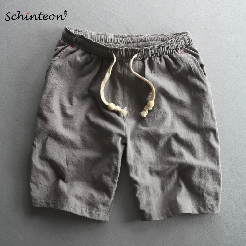Schinteon Summer Men Casual Cotton Linen Shorts Knee Length Beach Elastic Waist Shorts Solid Color Comfortable Pants New