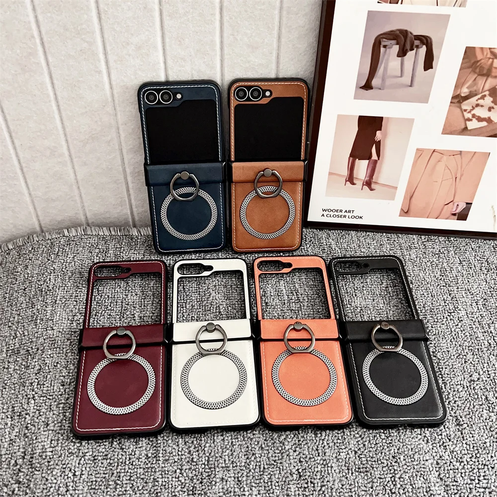 Frosted Leather Ring Holder Magsafe Magnetic Phone Case for Samsung Galaxy Z Flip 7 6 5 4 3 Flip7 FE Flip6 Wireless Charge Cover