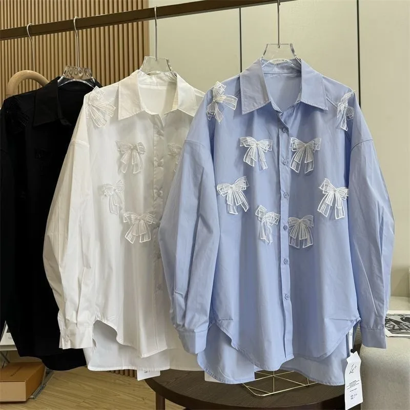 Early Spring Women European Korean Style Lapel Loose Oversized Shirt 3D Stereo Lace Bow Decor Fashion Casual Blouse