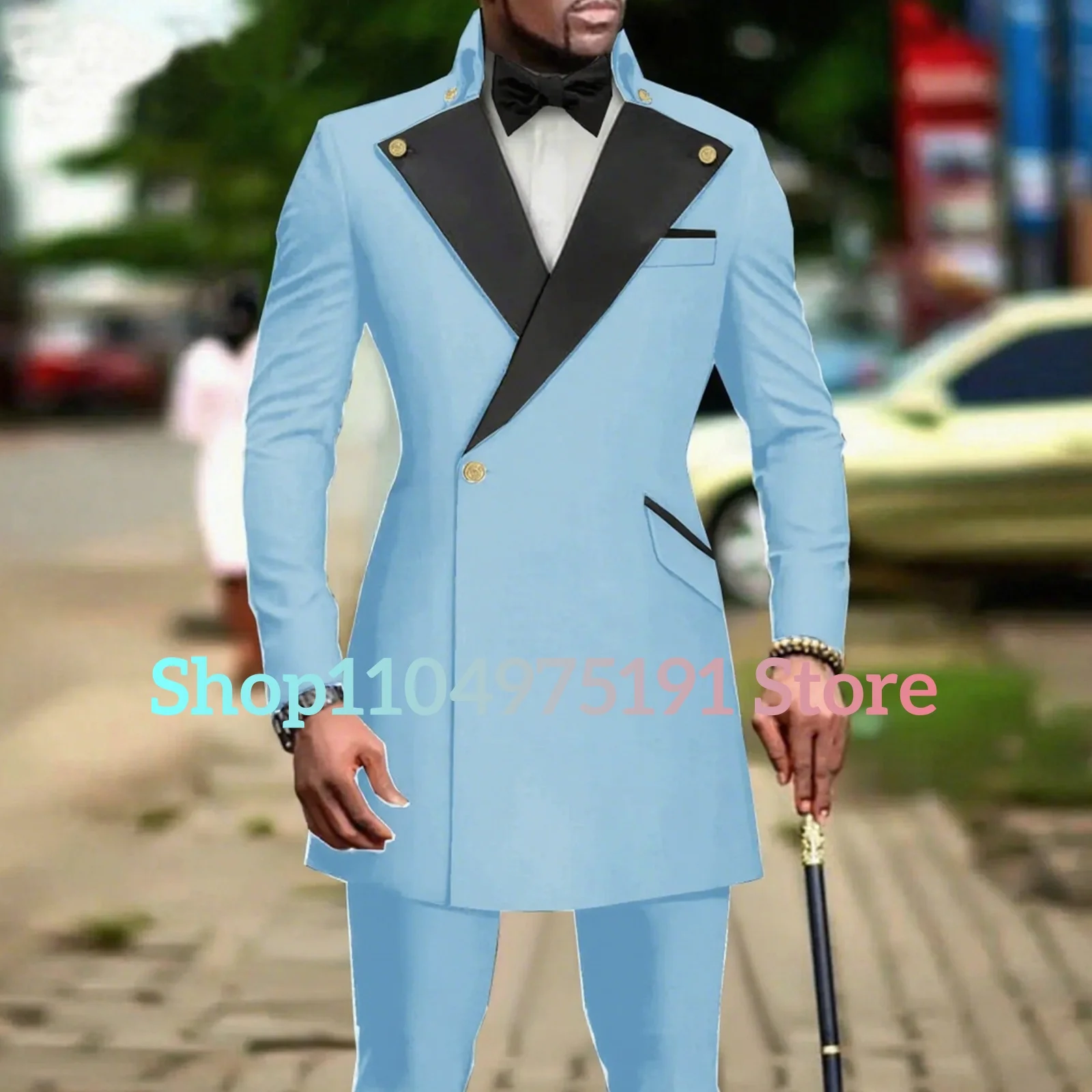 Fashion Double Breasted Long Blazer Men Suit 2 Piece Groomsmen Peak Lapel Outfits Formal Party Prom Wedding Set Suits For Men 