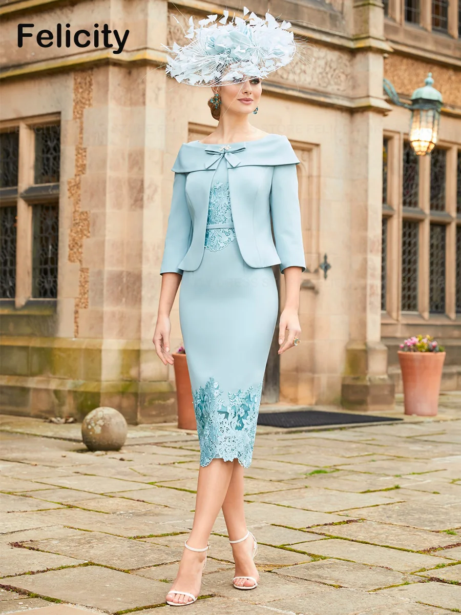 Exquisitos vestidos de Madre de la novia con chaqueta, vestido de invitados de boda con cuello redondo, apliques de encaje, batas de lazo, invitación, matrimonio, 2023