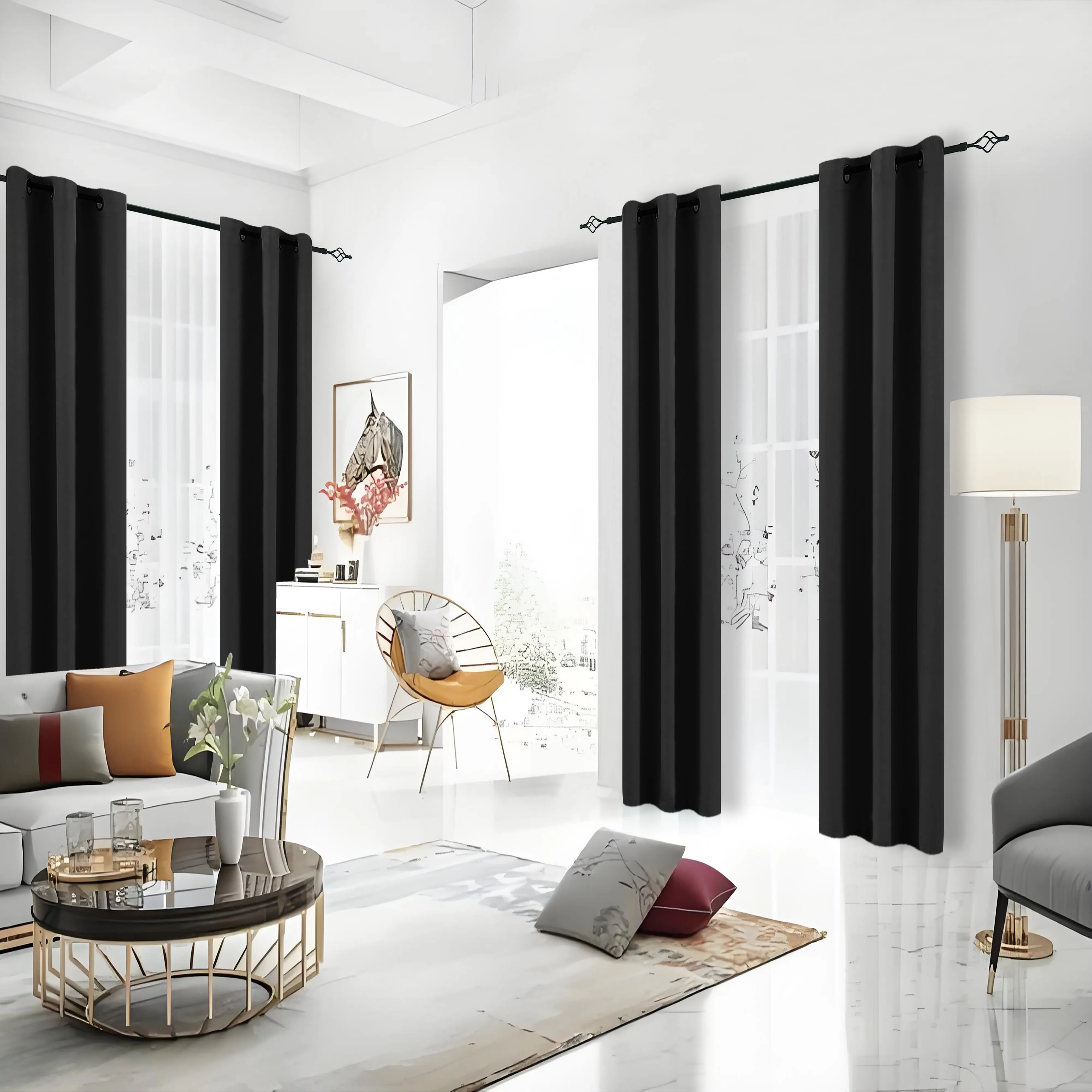 4 Panel Set, 100% Blackout Curtains, 100% Polyester, Metal Ring Fasteners, Balcony Curtains Can Create Complete Darkness And Comfort- Perfect for Home And Office