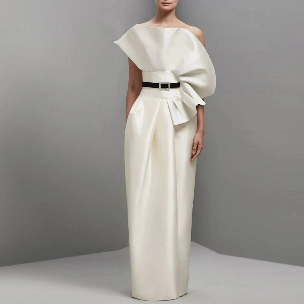 

Graduation Gowns Elegant Ivory Satin Ruffles Belt Bespoke Occasion Gown Column&Sheath Strapless Long Dresses Evening Dress