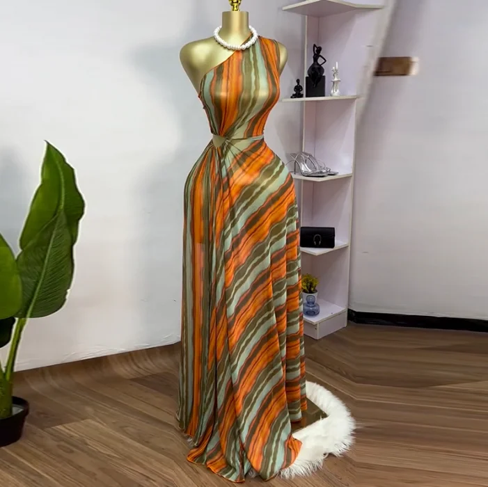 

Sweet and Fresh Striped Printed Diagonal Shoulder Neck High Waist A-Line Dress for Women's Summer Elegant Slim Fit Dress
