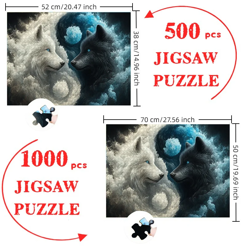 500/1000 peças quebra-cabeça temático de tai chi yin-yang e lobo-grande cérebro adulto desafiador adequado para decoração, presente, colecionável