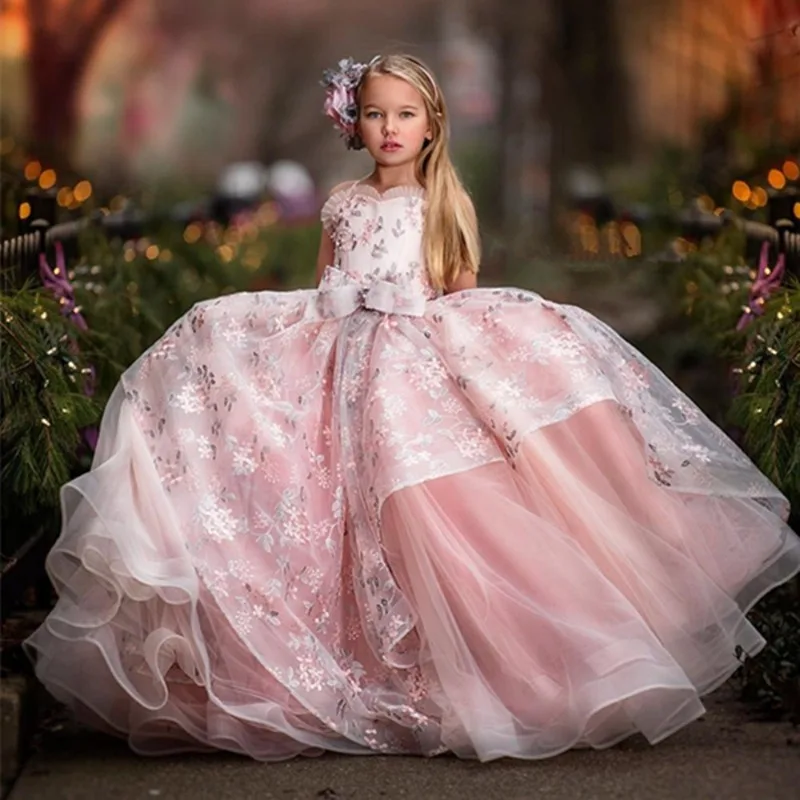 

New Kids Girls Pink Pearl Ball Gown Princess Dress Flower Girl Wedding Party Pageant Birthday Celebration Evening Formal Wear