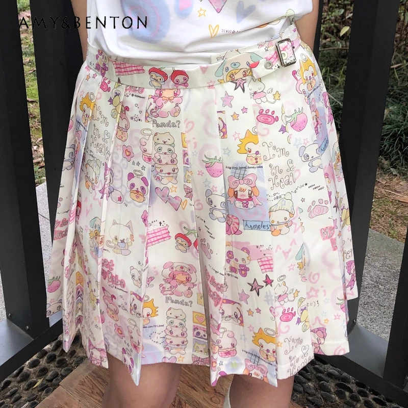 

Japanese Original Design Cute Full Print Women's Pleated Skirt 2025 Autumn New Slimming Versatile Adjustable Half Skirts Ladies