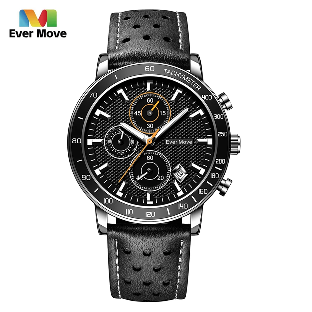 Ever Move Watches For Men\'s Luxury Waterproof Date&Week Leather Fashion Quartz Watch Business Male Clock Leisure Gifts for Men