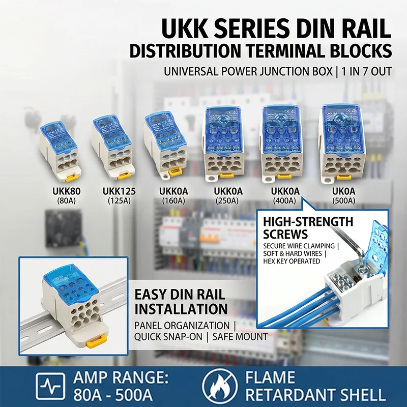 UKK 80A 125A 160A 250A 400A Din Rail Terminal Blocks One in Several Out Power Distribution Block Box Electric Wire Junction Box