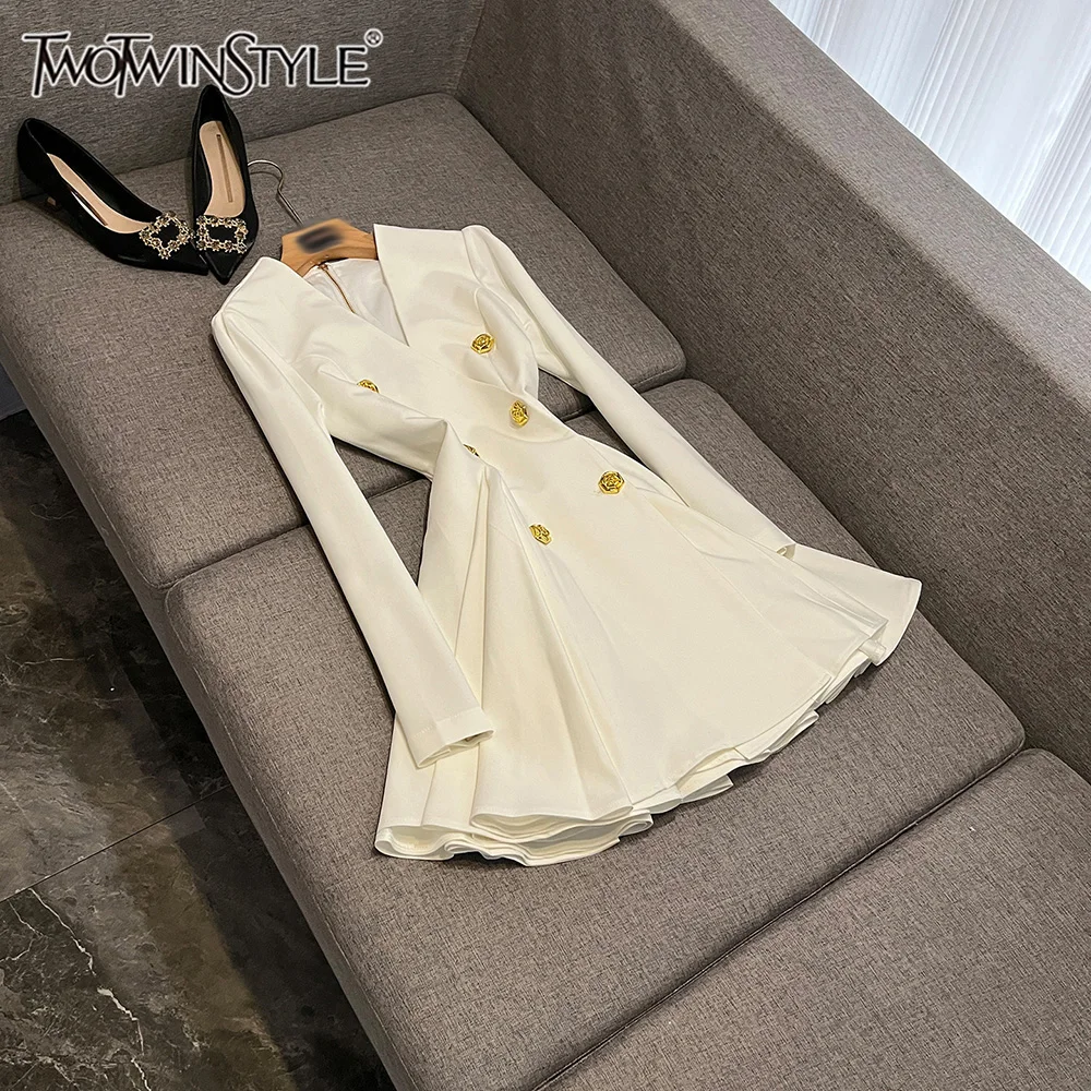 

TWOTWINSTYLE Elegant Slimming Solid Dresses For Women V Neck Long Sleeve High Waist Spliced Button Cute Dress Female KDR546701