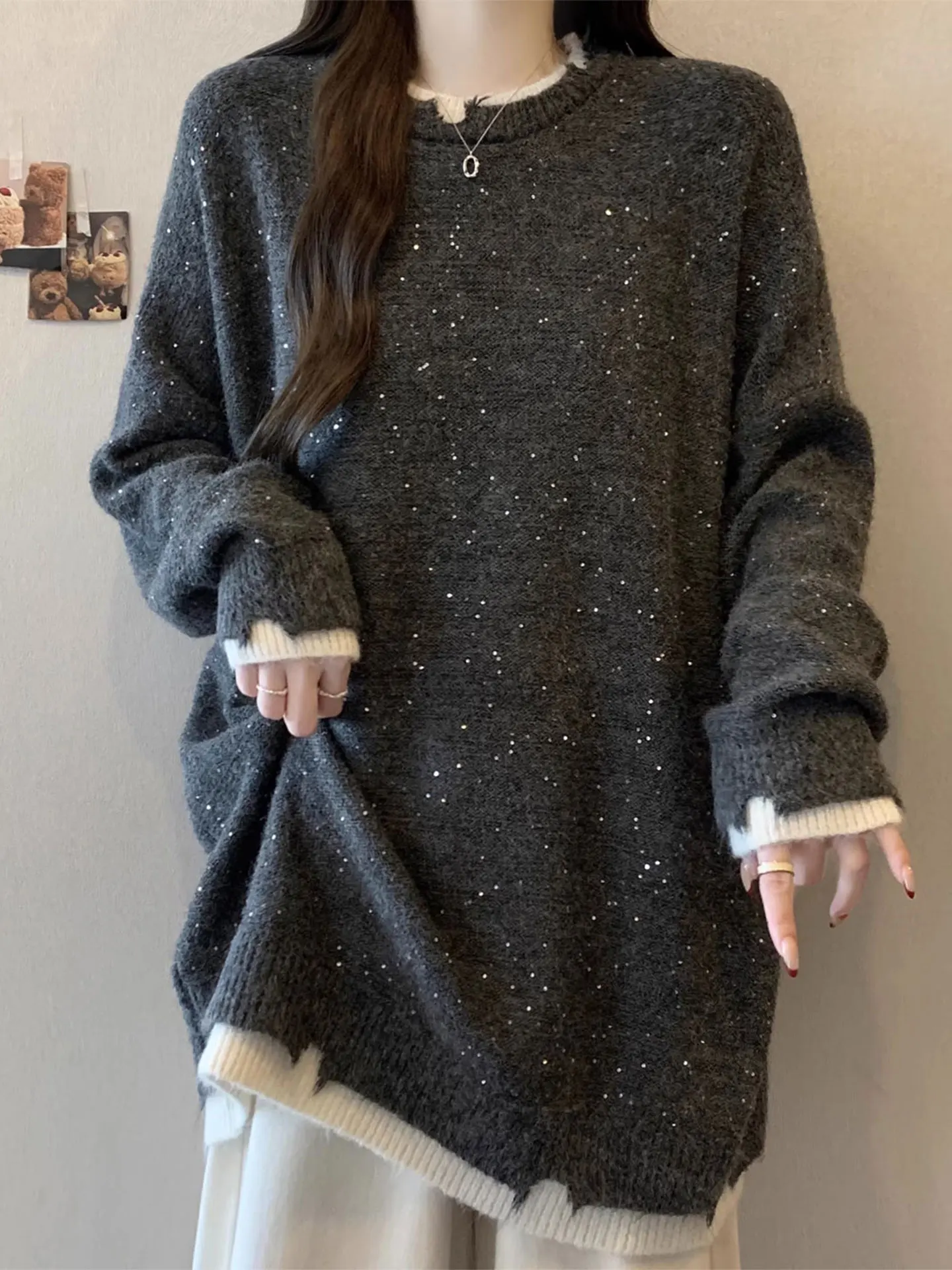 

iny ey Long Sve Women's Knitted Sweater Casual Loose Fit Mid-Length Sparkling Winter Faion plus Size Top