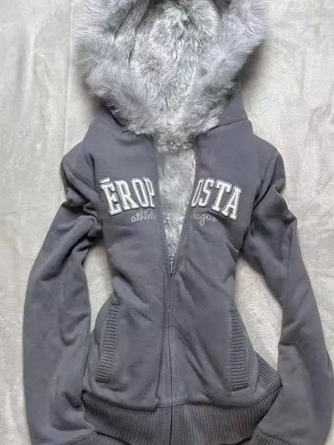 

Ретро-кардиган в американском стиле, серый, с капюшоном, на флисовой подкладке, с утолщенным меховым воротником, женская верхняя одежда, с длинными рукавами, укороченный фасон