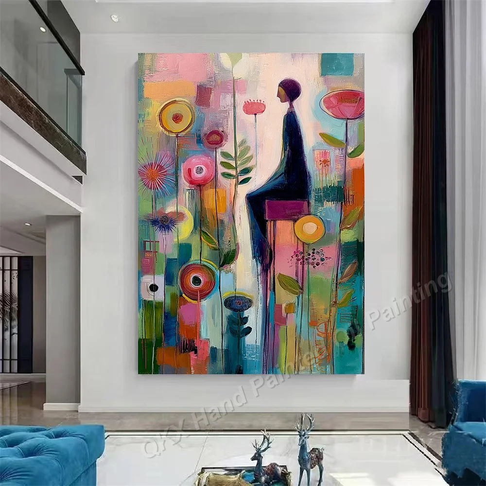 Whimsical Abstract Hand-Painted Oil Painting on Canvas Vibrant Floral Vertical Wall Art Decor for Living Room