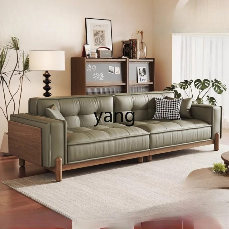 

LZR living room leather sofa walnut new Chinese three-person straight row