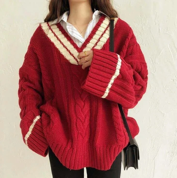 

Autumn Winter College Color Blocking Fried Dough Twists V-neck Women's Knitting Sweater