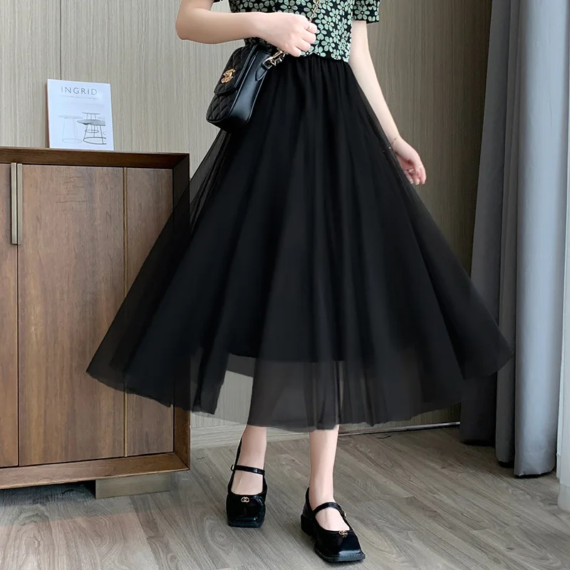 Spring Summer Vintage Tulle Skirt Women Elastic High Waist Mesh Skirts Long Pleated Tutu Skirt Female Jupe Longue 5731