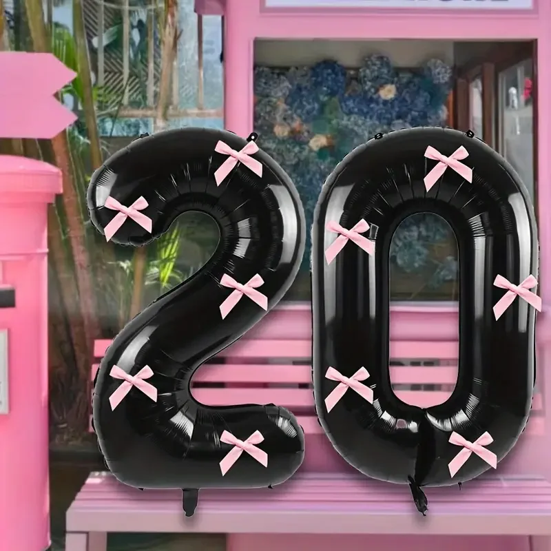 7 sztuk 32-calowych czarnych cyfrowych balonów z folii aluminiowej z różowymi kokardkami, odpowiednich do dekoracji urodzinowych i rocznicowych — zdjęcie 3