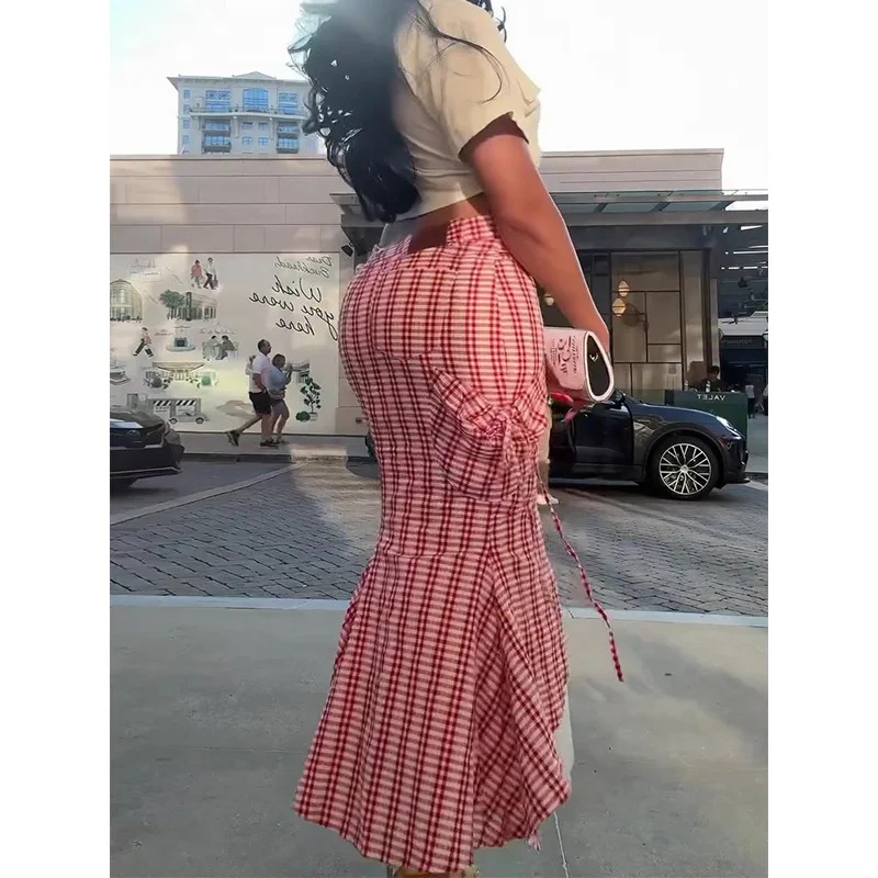 Slergiri Sweet Side Tie Pocket Long Skirts Women Fashion New 2026 Autumn 2000s Street Vintage Mermaid Hem Bodycon Plaid Skirt
