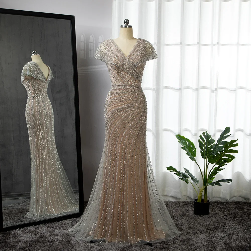 green emerald velvet dress Johanna Stylish V Neck Slit Leaf Sequin Long Prom Dresses, Silver