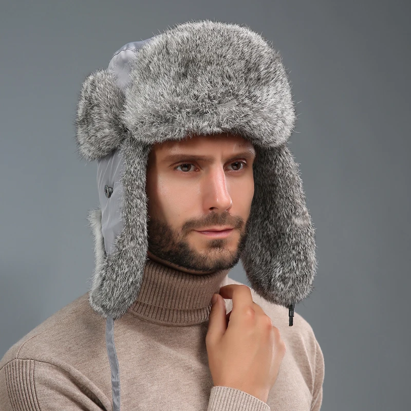 Real Rex Rabbit Fur Hat Men's Lei Feng Hat Winter Outdoor Thickened Warm Genuine Fur Hat Russian Natural Fur Ear Protection Hat