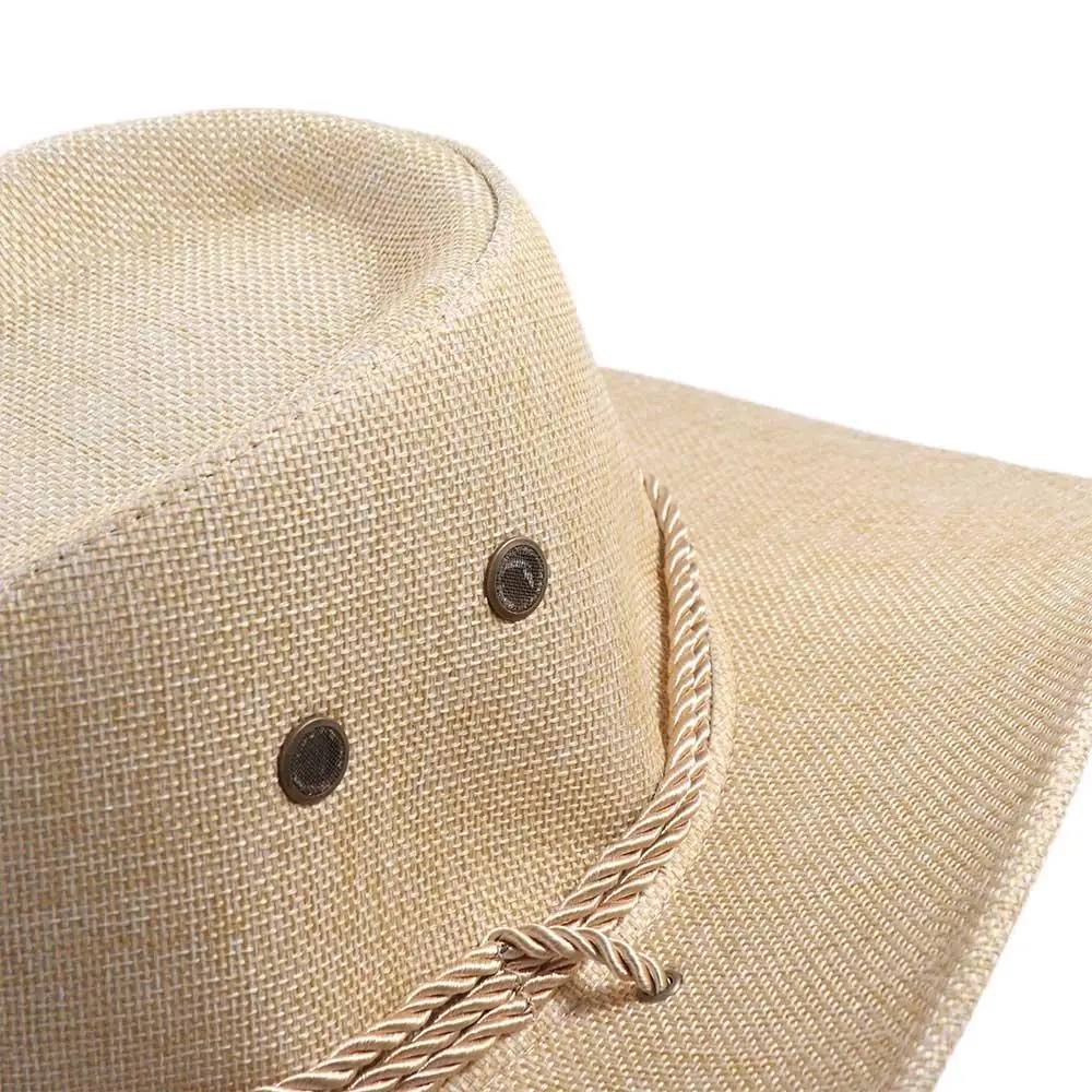 Casual Linen Western Cowboy Hat Beach Cap Climbing Hat Summer Sun Hat Outdoor Visor Cap Wide Brim Beach Sunscreen Cap Holiday