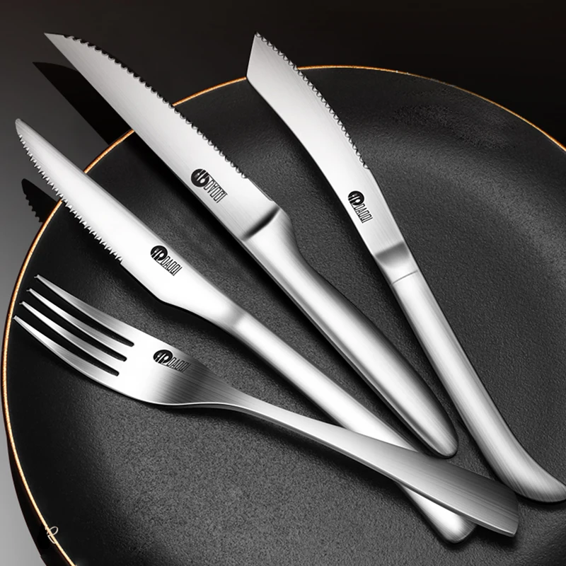 2Pcs Steak Knifes Fork Set Tableware Household High-end Kitchenware Stainless Steel Cutlery Solid Color Western Tableware