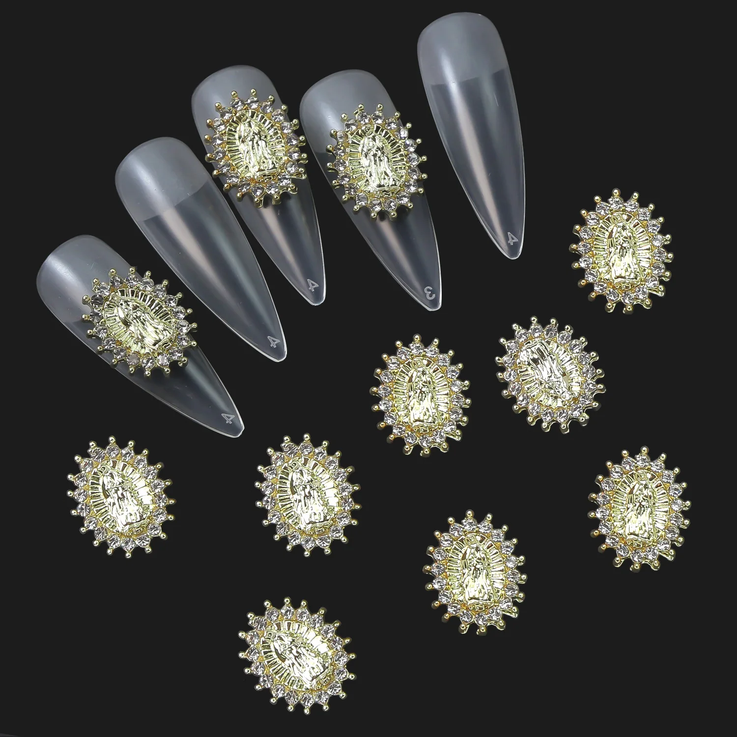 10 adet altın parlak bakire Mary Nail Art Charms Glitter zirkon kristaller Metal alaşım çivi takı manikür aksesuarları dekorasyon