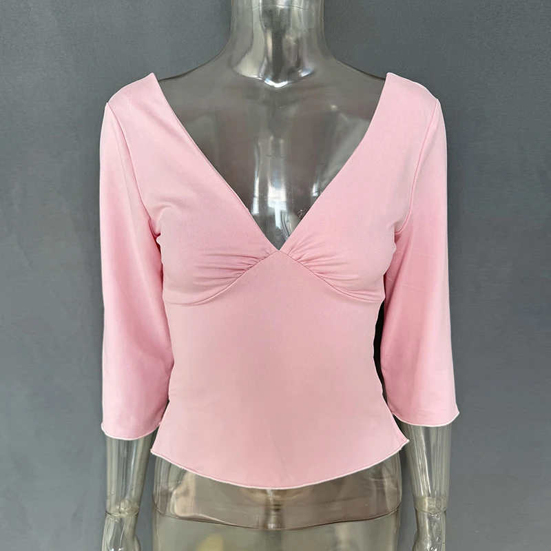 Sexy V-hals T-shirts Dames Tops Zomer Lange Mouw Spleet Effen Pullover Slim-Fit Chic High-Street 2026 Vrouwelijke Shirts Tee Tops