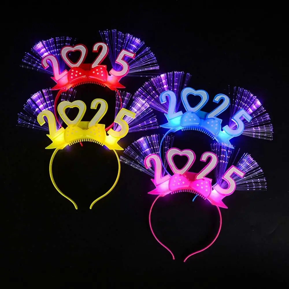 LED Glow 2025 Happy New Year Headband Love Heart Shape Photographic Headwear LED Glow Hair Bands Optic Fiber Light Up Plastic