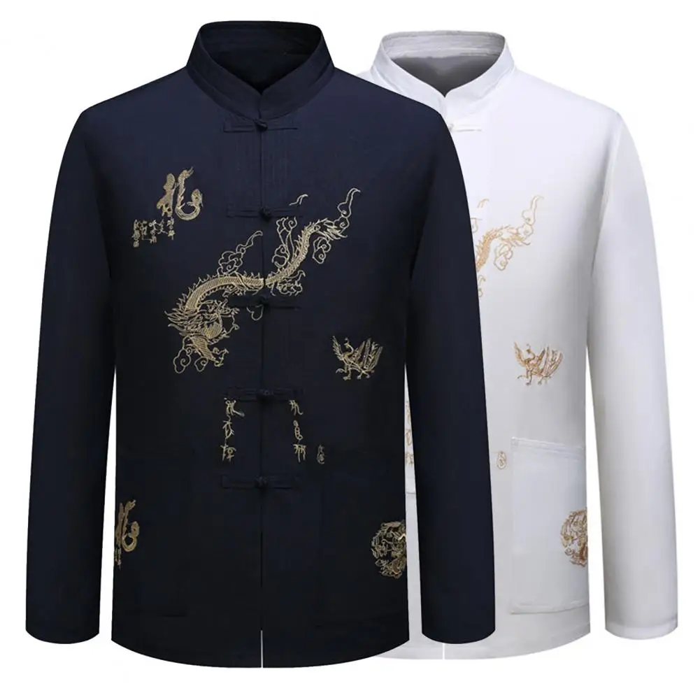 Faddish Chinese Embroidery Men Shirt Washable Men Spring Shirt Chinese Style Embroidery Men Top for Walking