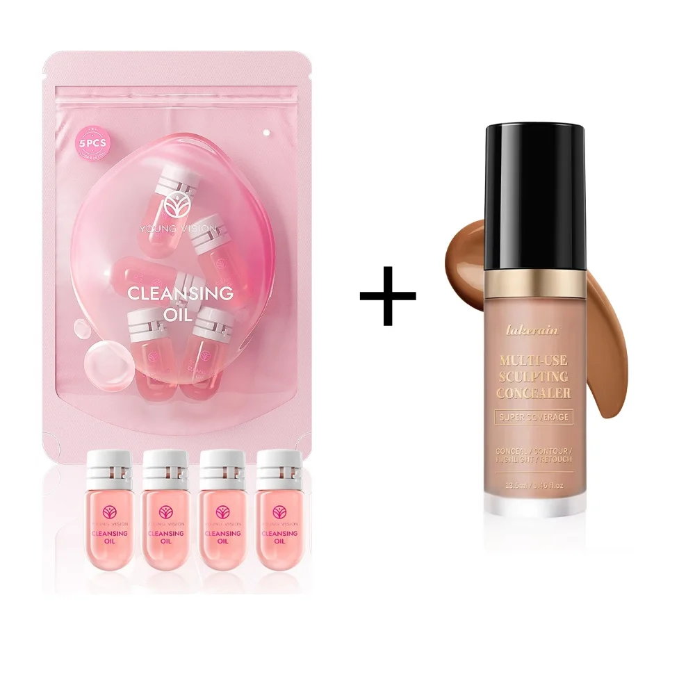 Lakerain خافي عيوب البشرة بخمسة ألوان + مجموعة مزيل المكياج بلمسة نهائية طبيعية يضيء البشرة ويغطي الهالات السوداء وزيت مزيل المكياج