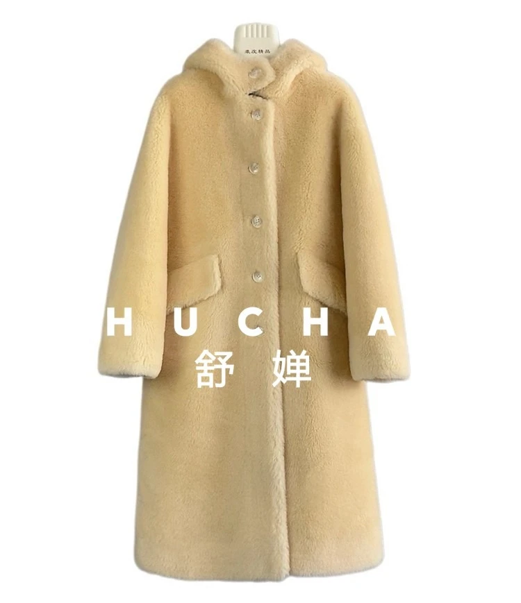 

100% Wool Coat Women New Warm Cream Yellow Lamb Women's Sheep Shearing Wool Coat Hooded Medium and Long