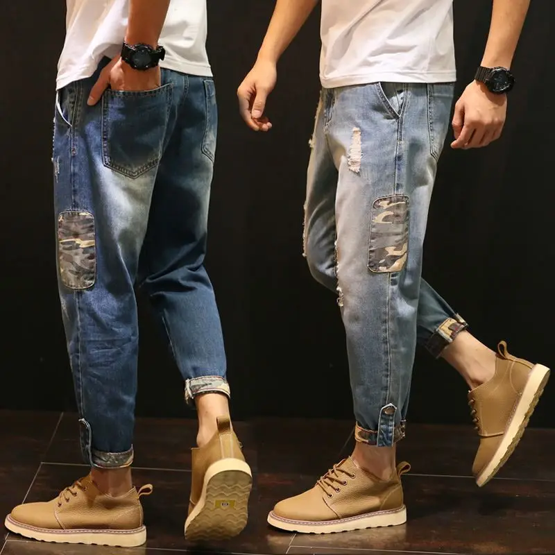 With Holes Male Cowboy Pants Tapered Men's Jeans Broken Trousers Ripped Torn Regular Trend 2025 Cotton Xs New in Grunge Y2k Kpop