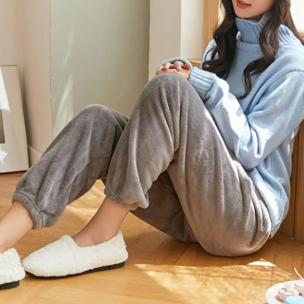 Women Pants Pajama Homewear Warm Plush Coral Fleece Elastic Waist Loose Ankle-banded Trousers