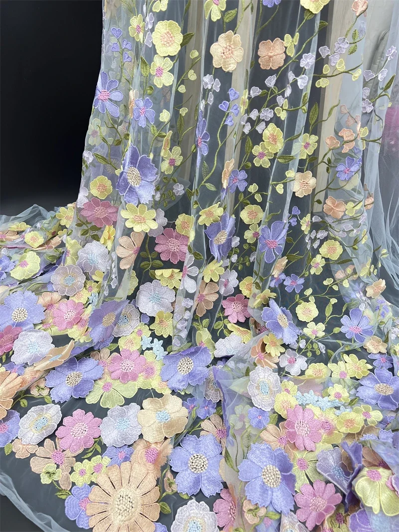 5 ياردة زهور ثلاثية الأبعاد في الأرجواني أقمشة الدانتيل الفرنسي شمسيّة دانتيل عالية الجودة صافي نسيج الدانتيل الأفريقي مع الخرز أقمشة الدانتيل حفل زفاف